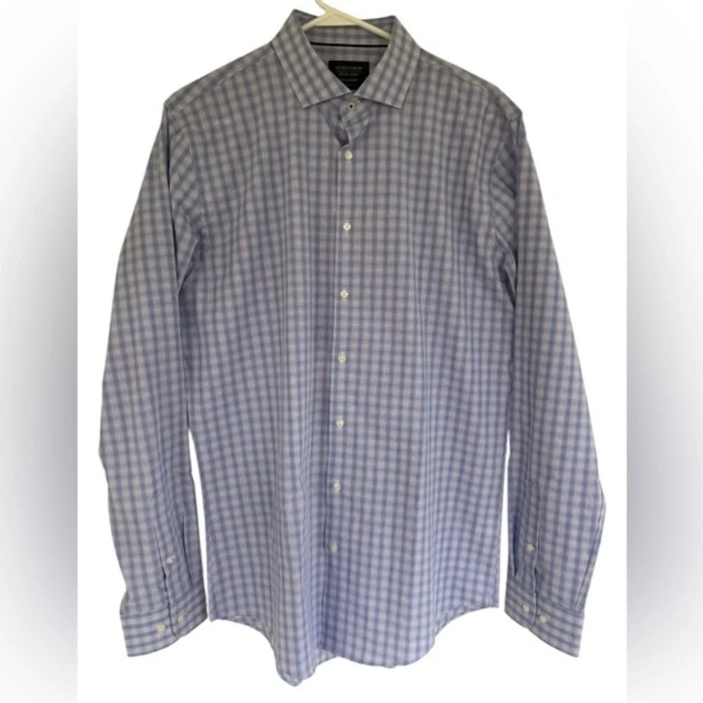 Nordstrom Men's‎ Shop Trim Fit Blue Button Down LS Blue Plaid Size 36-37 16 Neck